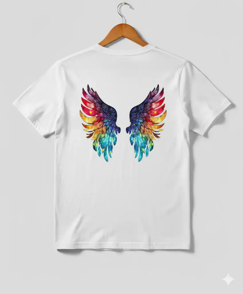 Celestial Angel Wings White T-Shirt | Vibrant Artistic Back Graphic